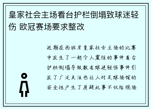 皇家社会主场看台护栏倒塌致球迷轻伤 欧冠赛场要求整改