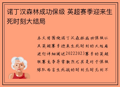 诺丁汉森林成功保级 英超赛季迎来生死时刻大结局 诺丁汉森林成功保级 英超赛季迎来生死时刻大结局